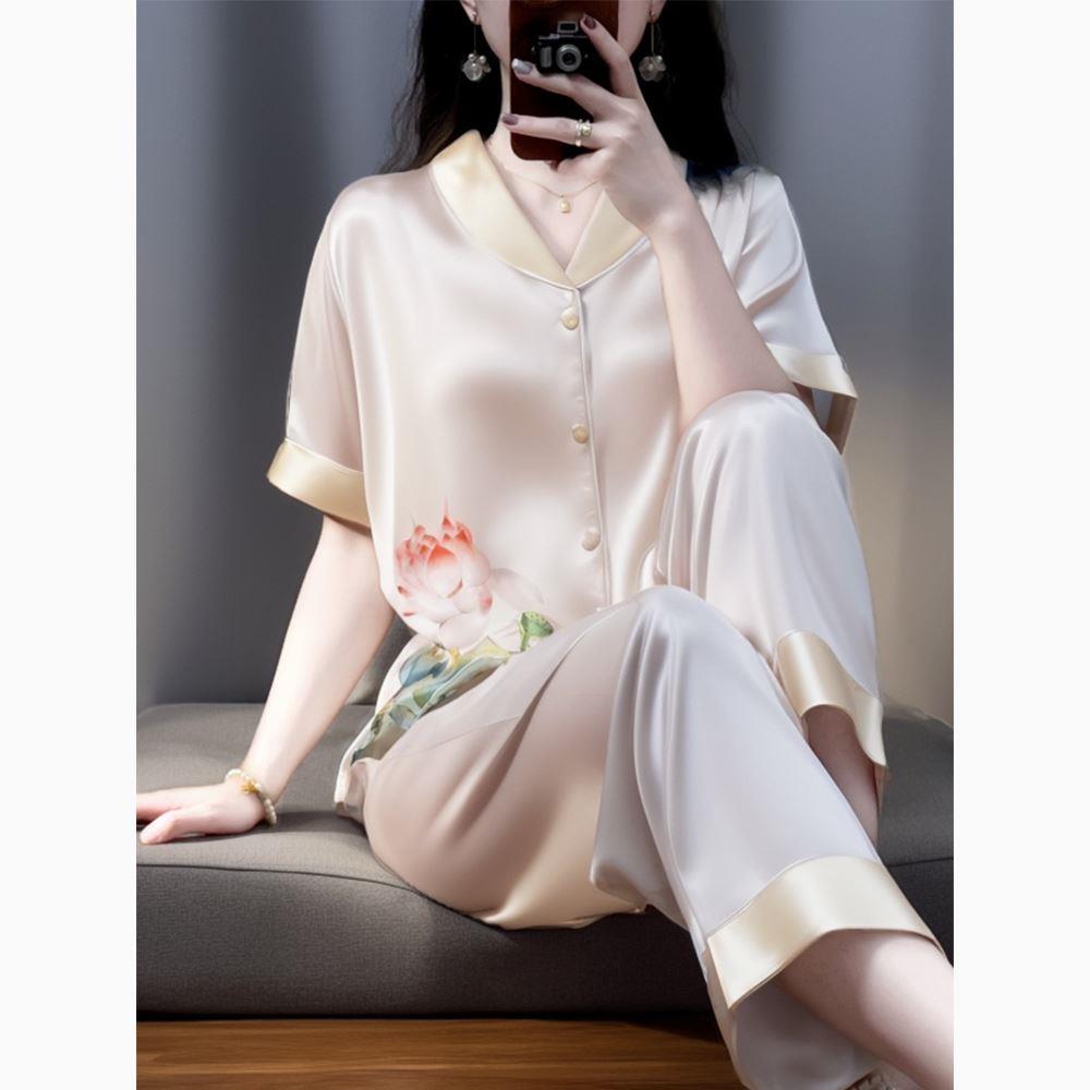 维多利亚真丝绸国风荷花印花睡衣女夏季薄款冰丝家居服套装新款薄