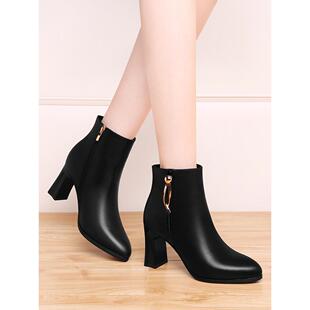 气质小跟短靴女2025春秋季新款马丁靴加绒米色高跟鞋粗跟英伦皮鞋