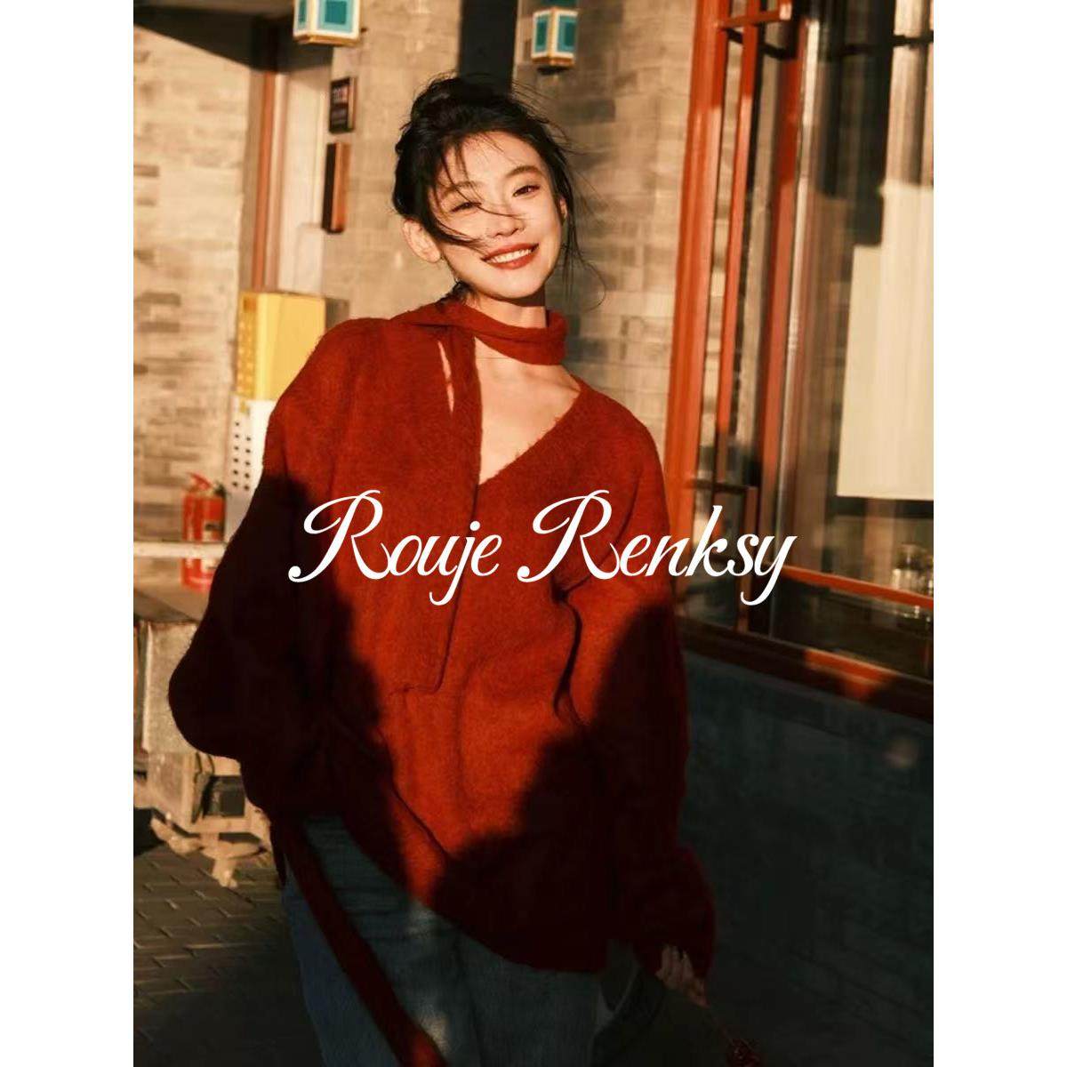 法国rouje renksy法式覆古慵懒新年红氛围感V领毛衣女秋冬针织衫,女装/女士精品,大码内搭,淘宝优惠券,粉丝福利购,淘宝优惠卷