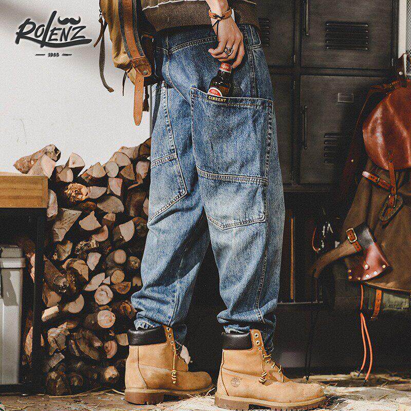 ROLENZ美式覆古牛仔裤男秋季高街ins潮牌工装裤宽松尺码直筒宽裤