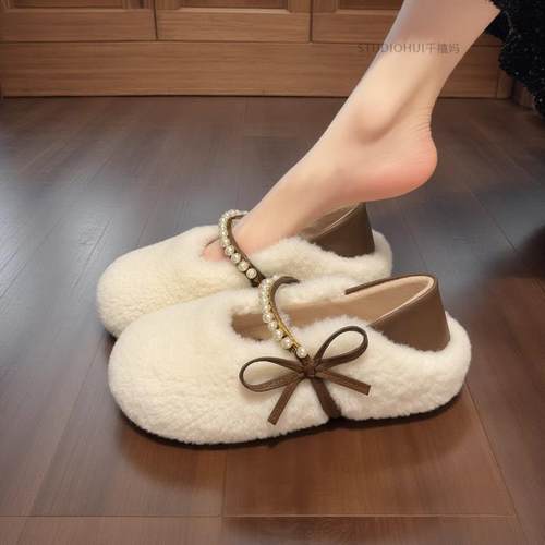 香港厚底毛毛鞋女2025新款秋冬季增高保暖加绒豆豆鞋羊羔毛棉鞋子