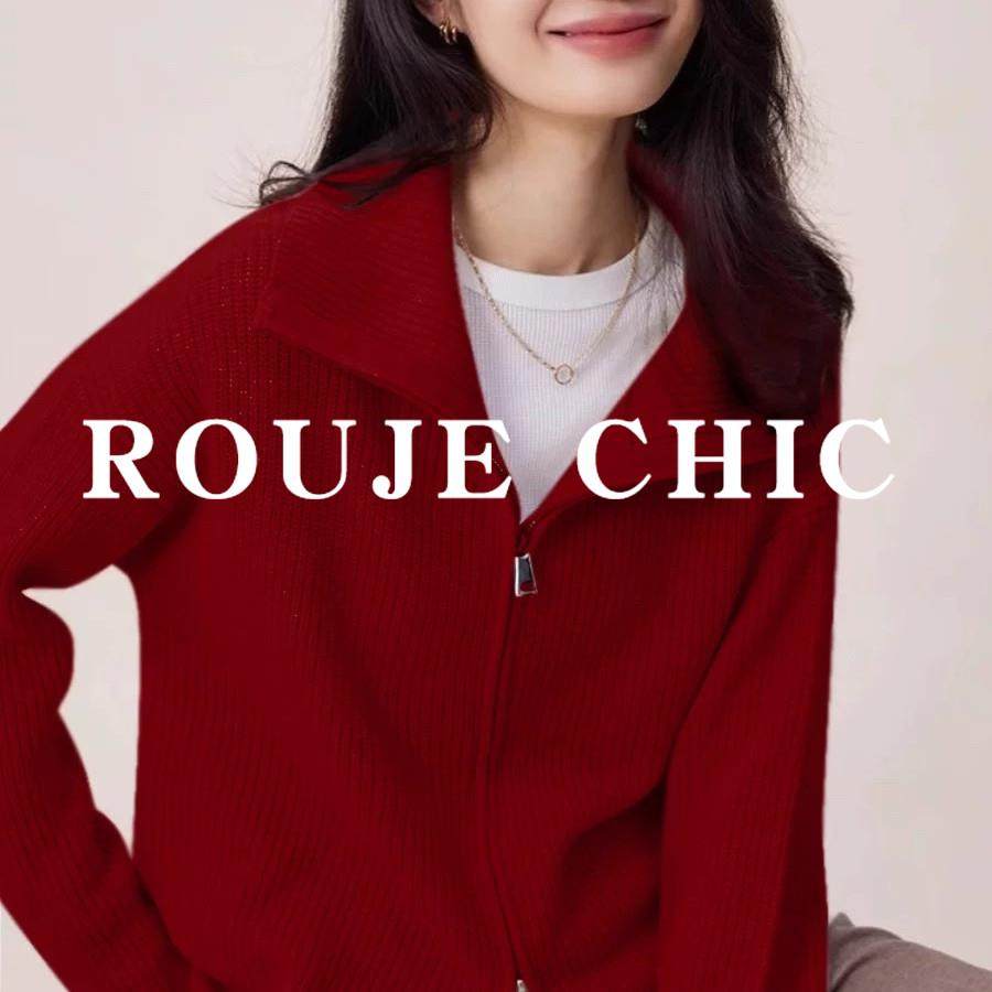 法国rouje chic新年红红色翻领双拉链毛衣外套女高级感羊绒针织衫,女装/女士精品,大码内搭,淘宝优惠券,粉丝福利购,淘宝优惠卷