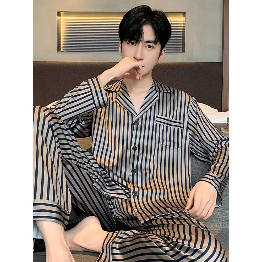 维多利亚春秋真丝睡衣男100%桑蚕丝长袖长裤套装加肥加大码家居服