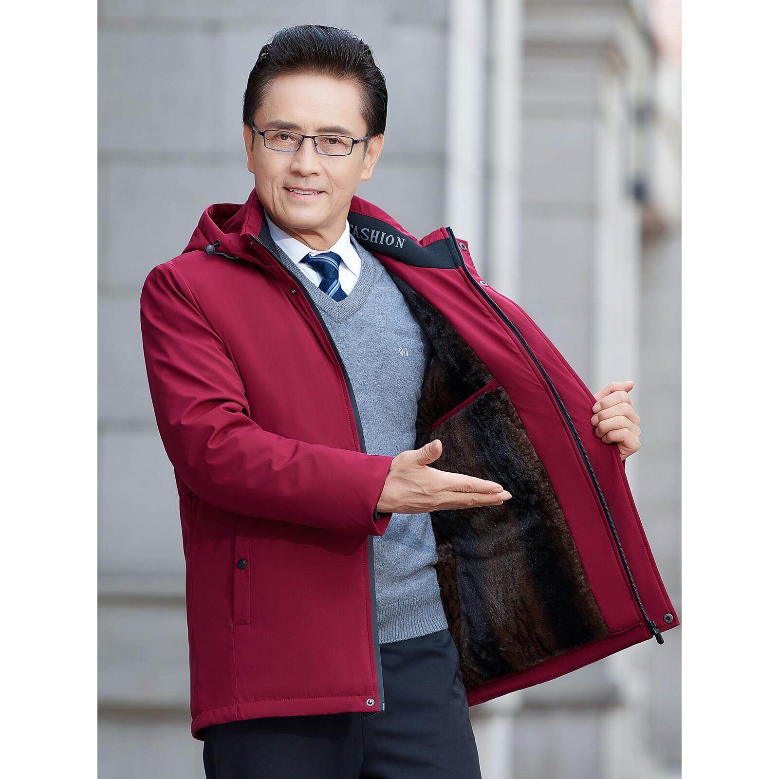 加绒加厚红色棉服男装冬季爸爸冬装保暖棉袄爷爷外套中老年人棉衣