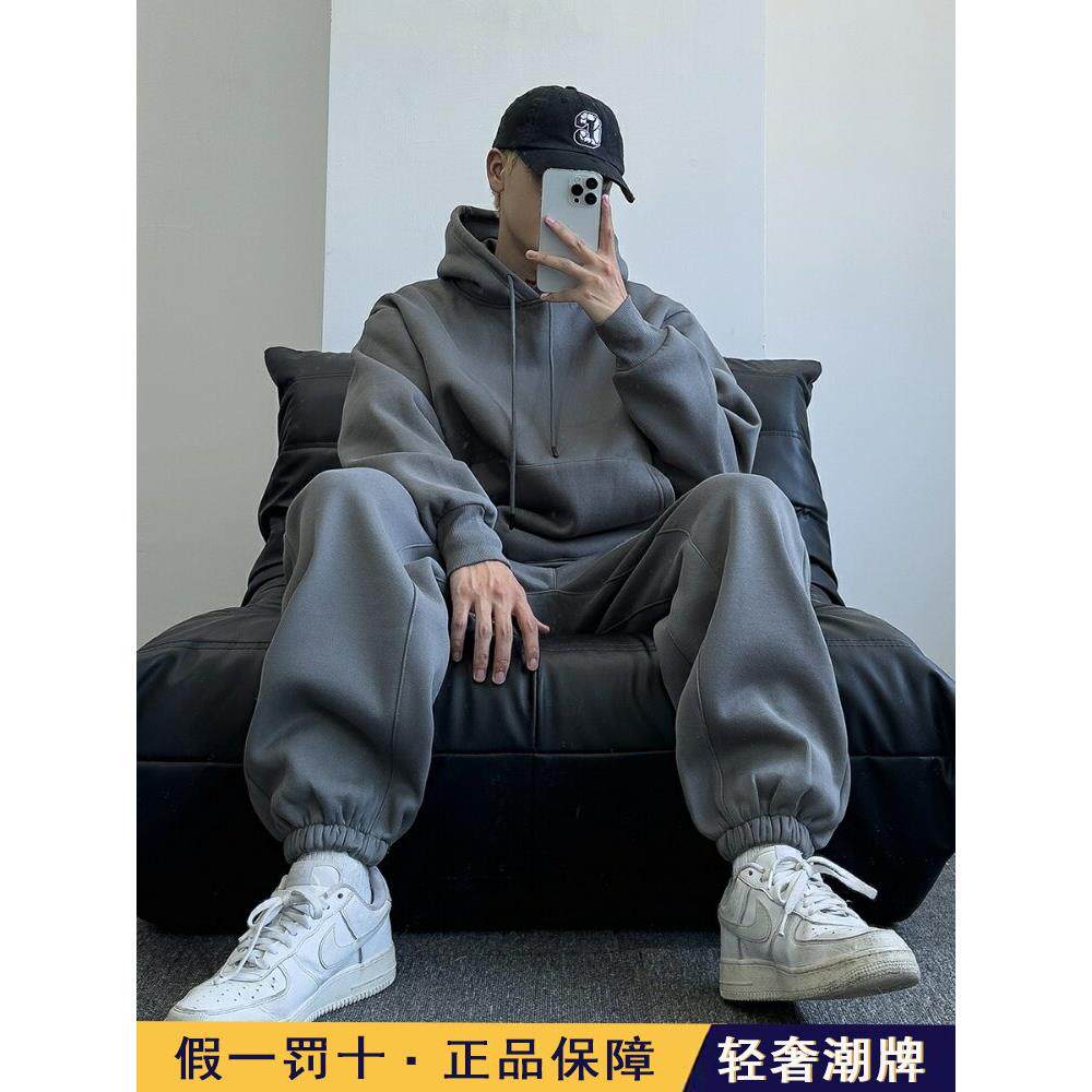 潮牌加绒加厚休闲运动服套装男士秋冬季高级感痞帅卫衣卫裤两件套