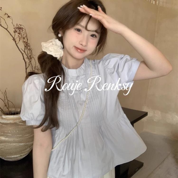法国rouje renksy法式国风盘扣泡泡袖短袖压褶设计娃娃衫衬衫女夏