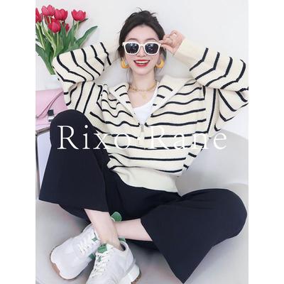 法国Rixo Rane 气质减龄⭐覆古撞色翻领条纹针织衫女小众宽松上衣