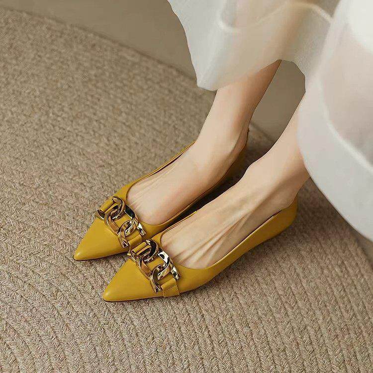 法式真皮金属炼条尖头单鞋女2025春秋新款浅口低跟时尚百搭平底鞋,女鞋,浅口单鞋,淘宝优惠券,粉丝福利购,淘宝优惠卷