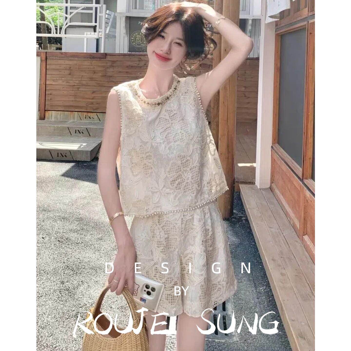 ROUJE SUNG法式小香风蕾丝镂空背心短裤女2025夏新款高腰轻熟小众