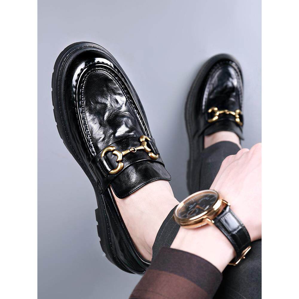 英伦商务休闲皮鞋男秋季新款内增高厚底正装乐福鞋真皮时尚豆豆鞋