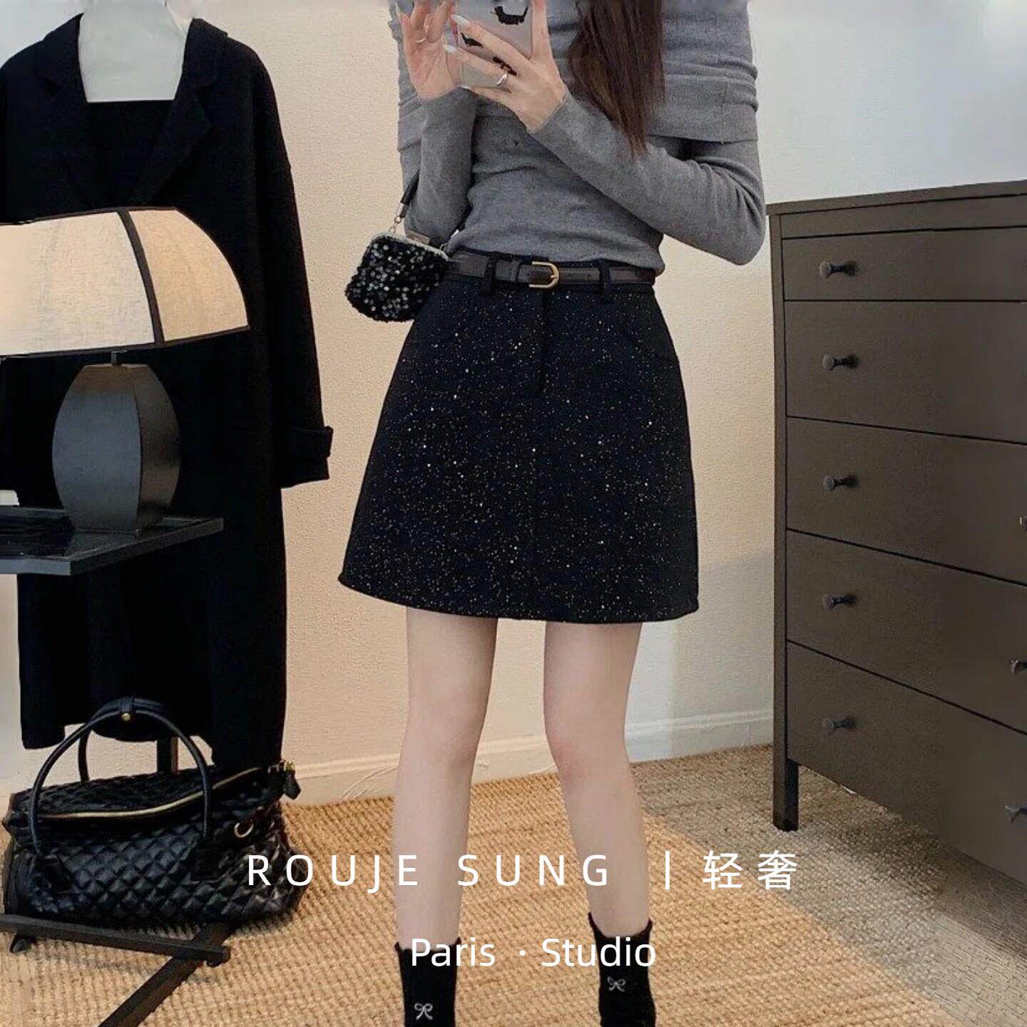 ROUJE SUNG小香风重工亮片黑色毛呢A字半身裙女高腰显瘦大码短裙