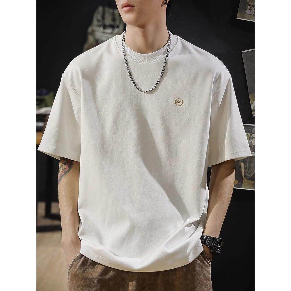 HS夏季2025新款重磅短袖T恤潮牌宽松男士体恤百搭白色半袖衫男款