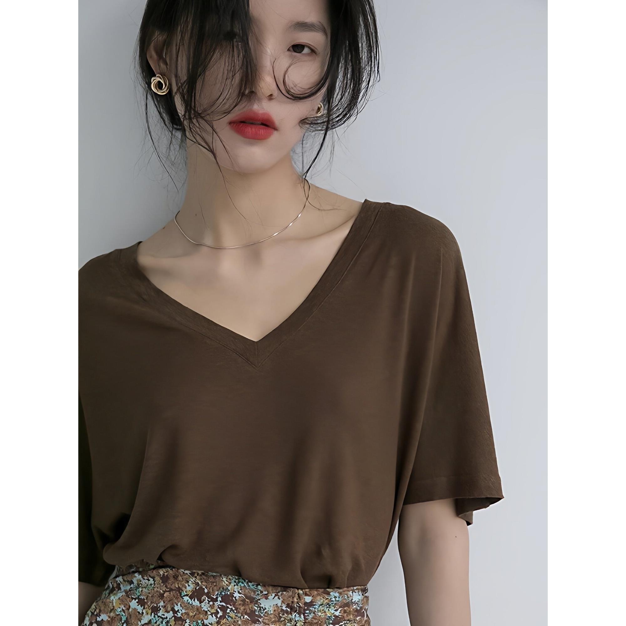 WFYO/法式气质大领口正肩短袖T恤女夏宽松半袖深V领体恤棉麻上衣