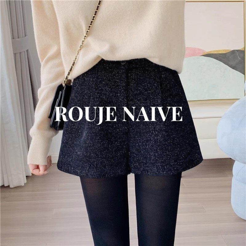 ROUJE NAIVE黑色灯芯绒短裤女秋冬季大码胖mm阔腿高腰显瘦A字靴裤