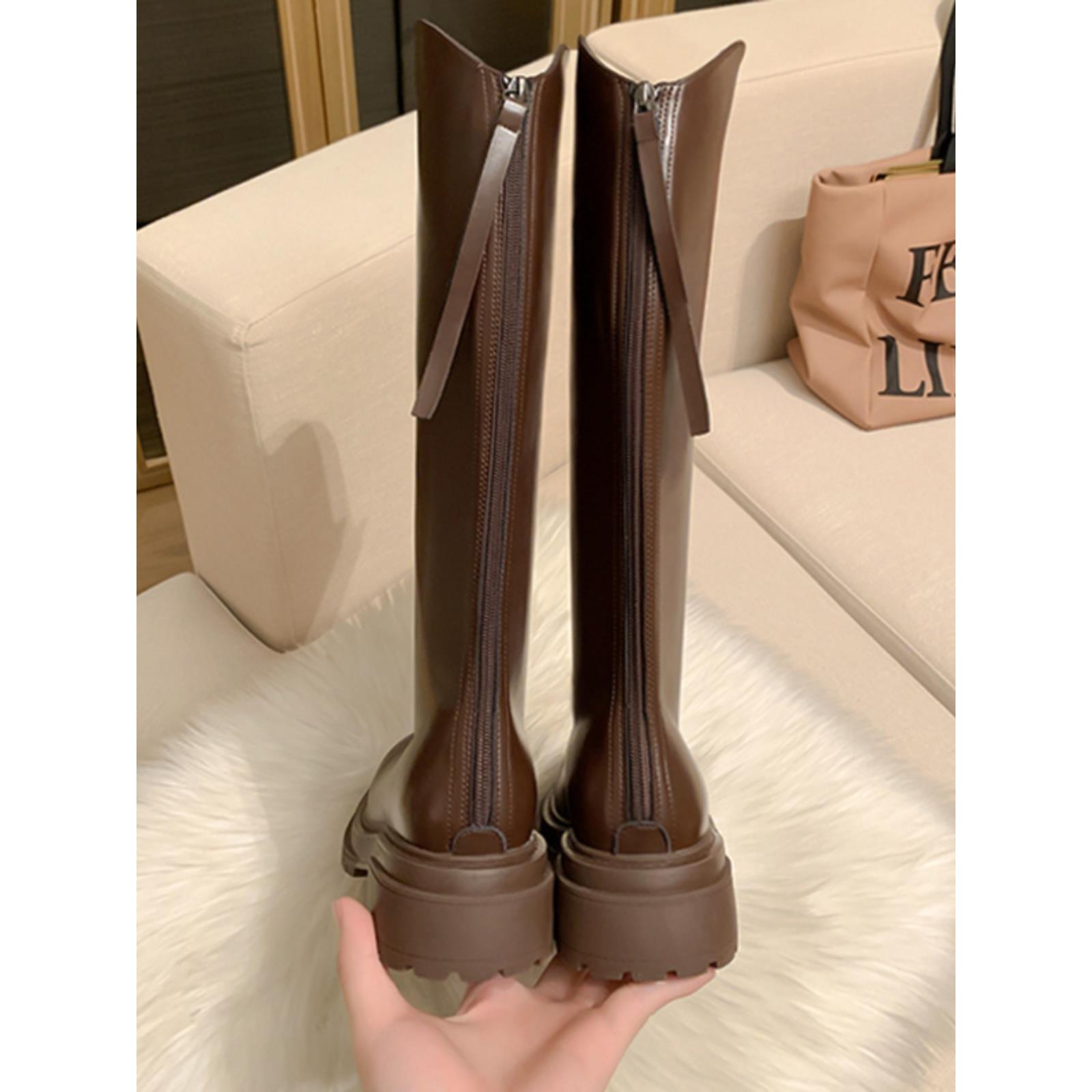 长筒靴女冬季加绒厚底粗跟马丁靴高筒骑士靴真皮靴子网红百搭女靴