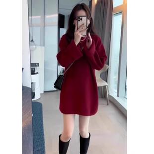 欧洲站2025年秋冬新款圣诞毛衣裙子慵懒风新年红色针织连衣裙短款