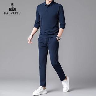 运动套装 FALVLITE春秋纯色百搭长袖 polo衫 翻领T恤长裤 休闲男韩版