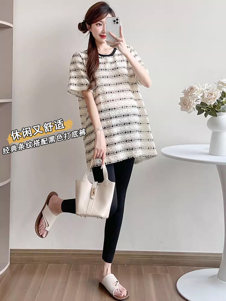 PREGNANT WOMEN COVER THEIR STOMACHS AND DO NOT SHOW THEIR PREGNANCY TOPS SUMMER 2024 NEW KOREAN VERSION STRIPED SHORT SLEEVE T-SHIRT SET SUMMER STYLE LOOSE