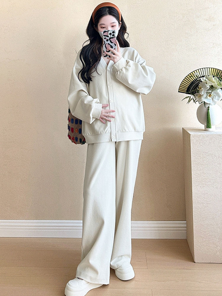 임산부 가을 양복은 패셔너블하고 패셔너블하며 루즈하고 캐주얼하며 회색 코트 가을 겨울 투피스 상하 세트 고급형입니다