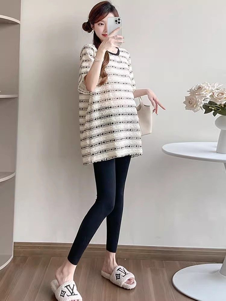 PREGNANT WOMEN COVER THEIR STOMACHS AND DO NOT SHOW THEIR PREGNANCY TOPS SUMMER 2024 NEW KOREAN VERSION STRIPED SHORT SLEEVE T-SHIRT SET SUMMER STYLE LOOSE