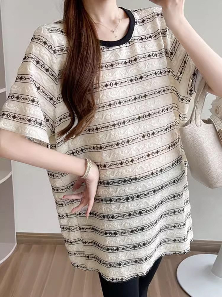 PREGNANT WOMEN COVER THEIR STOMACHS AND DO NOT SHOW THEIR PREGNANCY TOPS SUMMER 2024 NEW KOREAN VERSION STRIPED SHORT SLEEVE T-SHIRT SET SUMMER STYLE LOOSE