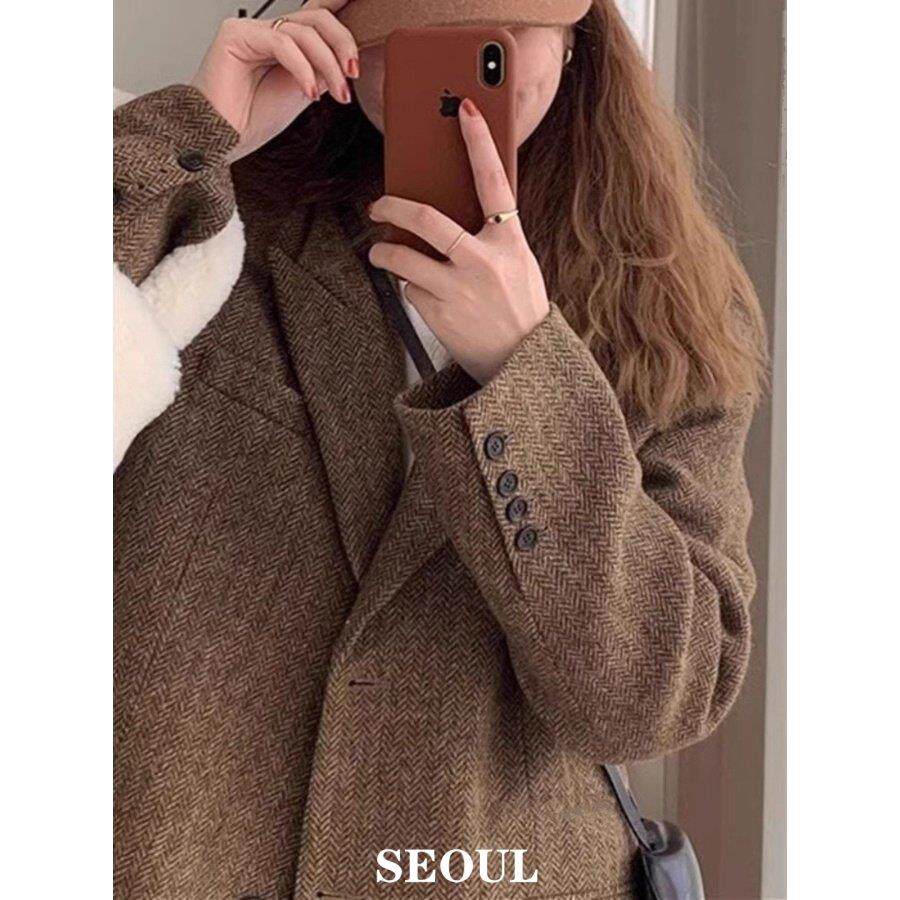 SEOUL喵/咖色毛呢西装外套女2025秋冬新款高级感人字纹西服大衣潮