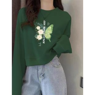 短款墨绿色卫衣女春秋薄款2025新款小个子宽松圆领加绒蝴蝶上衣潮