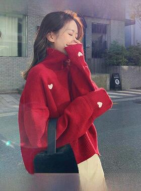 Rouje tusse羊毛针织衫秋冬高领毛衣女慵懒宽松红色套头羊绒上衣