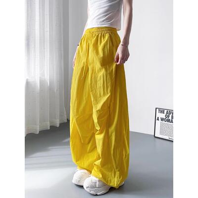 香港冰丝黄色工装裤女款夏薄款2025新款速干宽松阔腿裤运动休闲裤