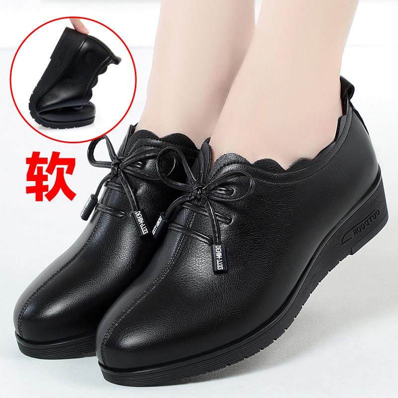 妈妈鞋真皮软底中年女士深口单鞋春秋坡跟中老年皮鞋系带软皮女鞋,女鞋,深口单鞋,淘宝优惠券,粉丝福利购,淘宝优惠卷
