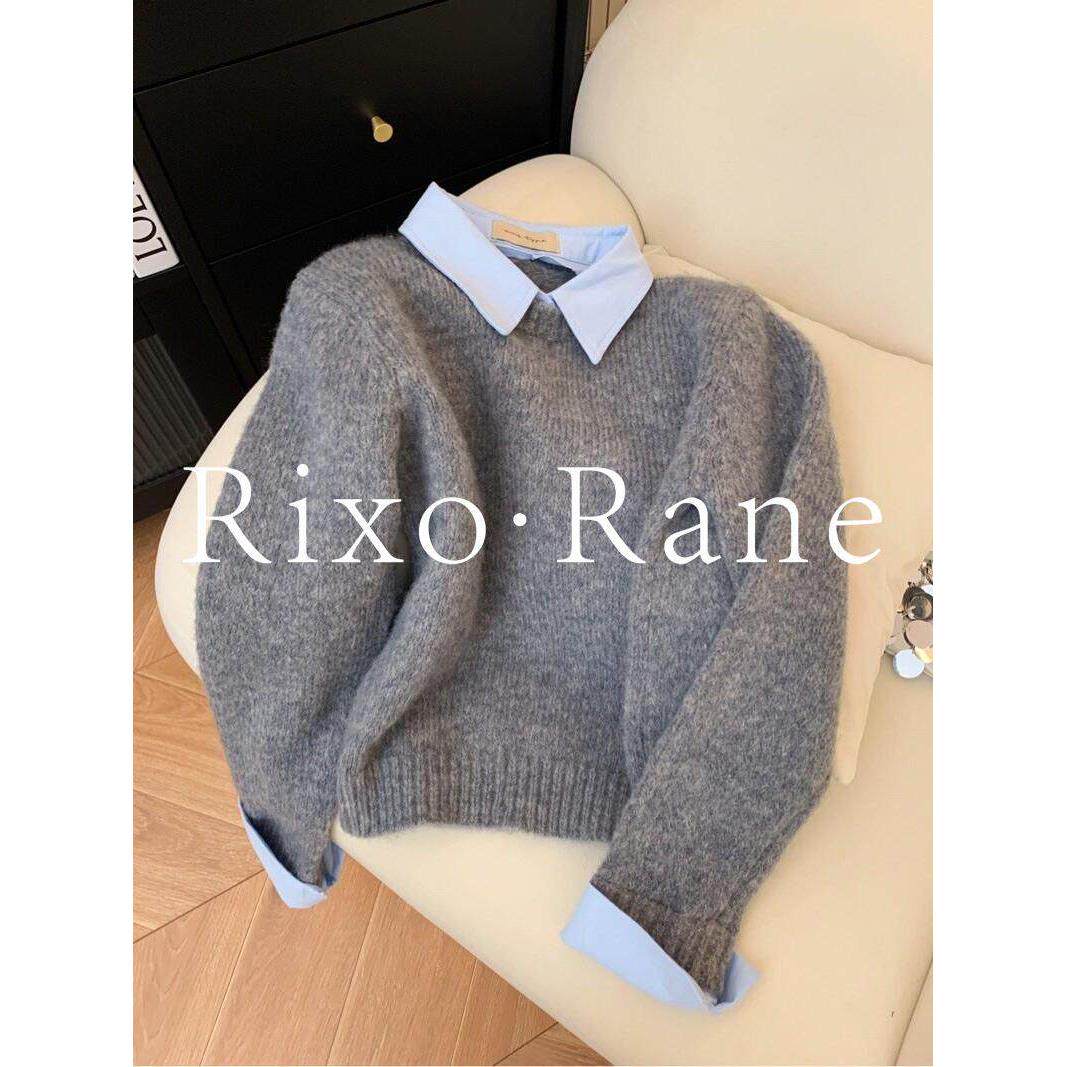 法国Rixo Rane ⭐假两件衬衫领毛衣女内搭撞色翻领灰色针织衫上衣