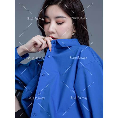 法式Rouje Runway克莱因蓝色衬衫女新款秋季上衣衬衣时尚休闲外套