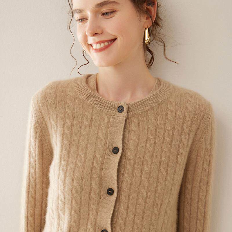 秋冬新款山羊绒开衫女圆领经典麻花毛衣外套百搭显瘦羊毛针织上衣