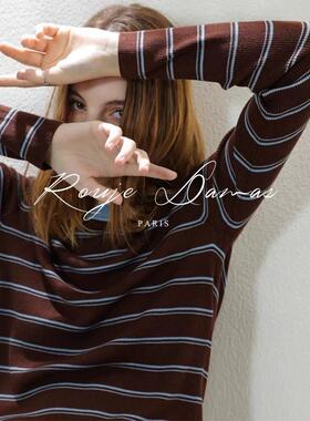 Rouje Damas法式覆古撞色条纹圆领毛衣女宽松百搭打底针织衫上衣