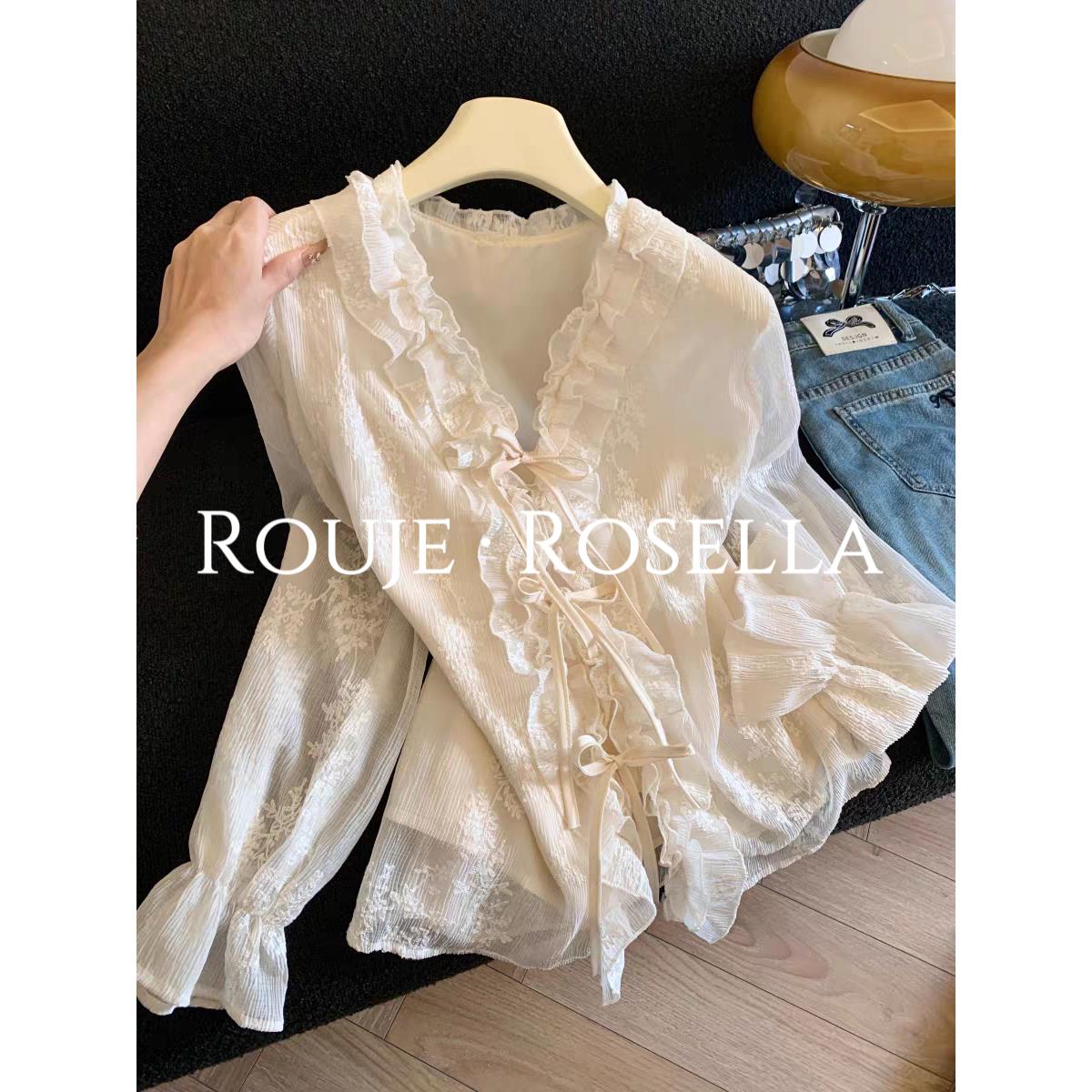 法国Rouje Rosella甜美仙女风花边系带衬衫女春季蕾丝长袖上衣