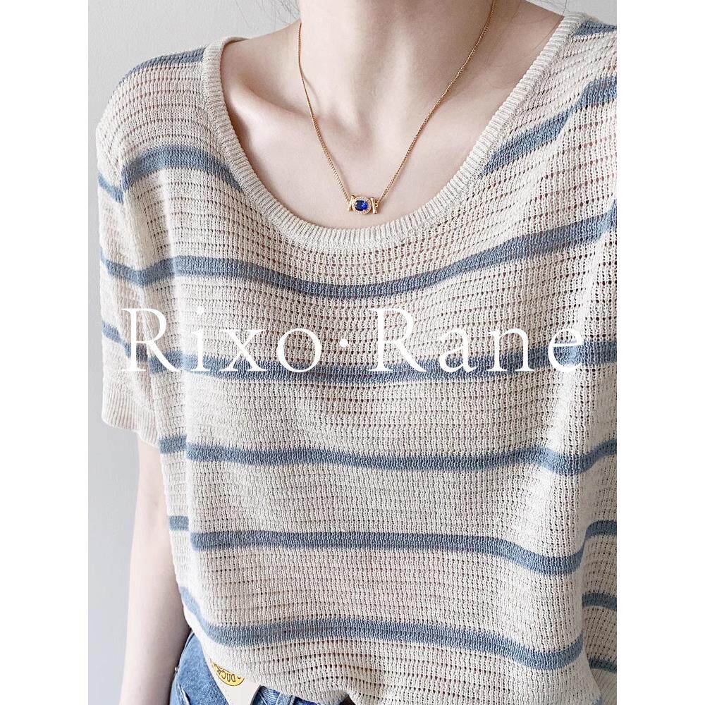 法国Rixo Rane蓝色条纹冰丝薄款针织衫女短袖正肩方领T恤别致上衣