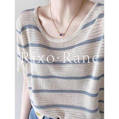 法国Rixo Rane蓝色条纹冰丝薄款针织衫女短袖正肩方领T恤别致上衣