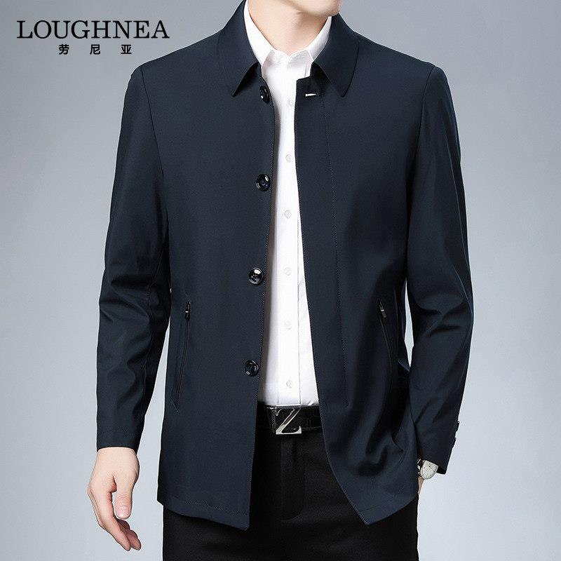 LOUGHNEA高级感黑色夹克外套男春秋新款中老年休闲百搭翻领风衣