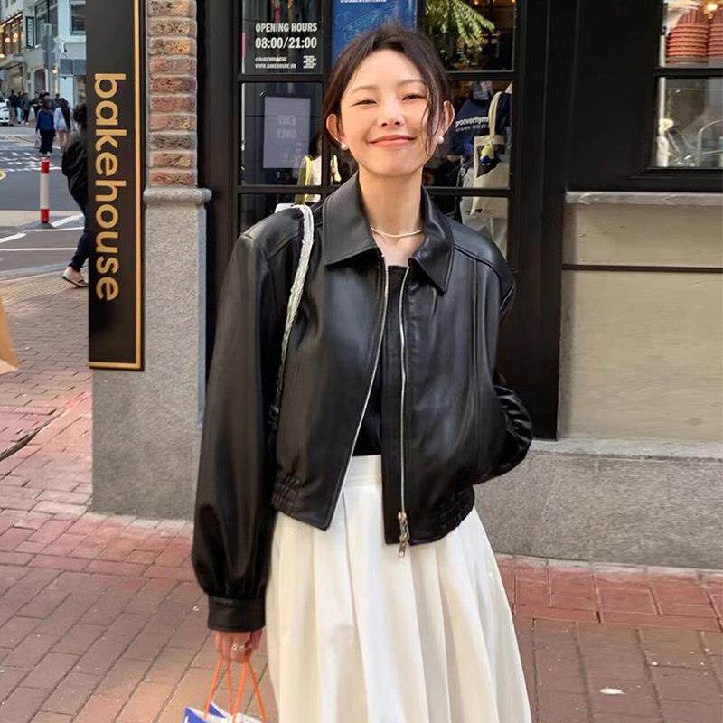 2025春秋新款黑色短款真皮皮衣外套女高级感小个子美式痞帅皮夹克