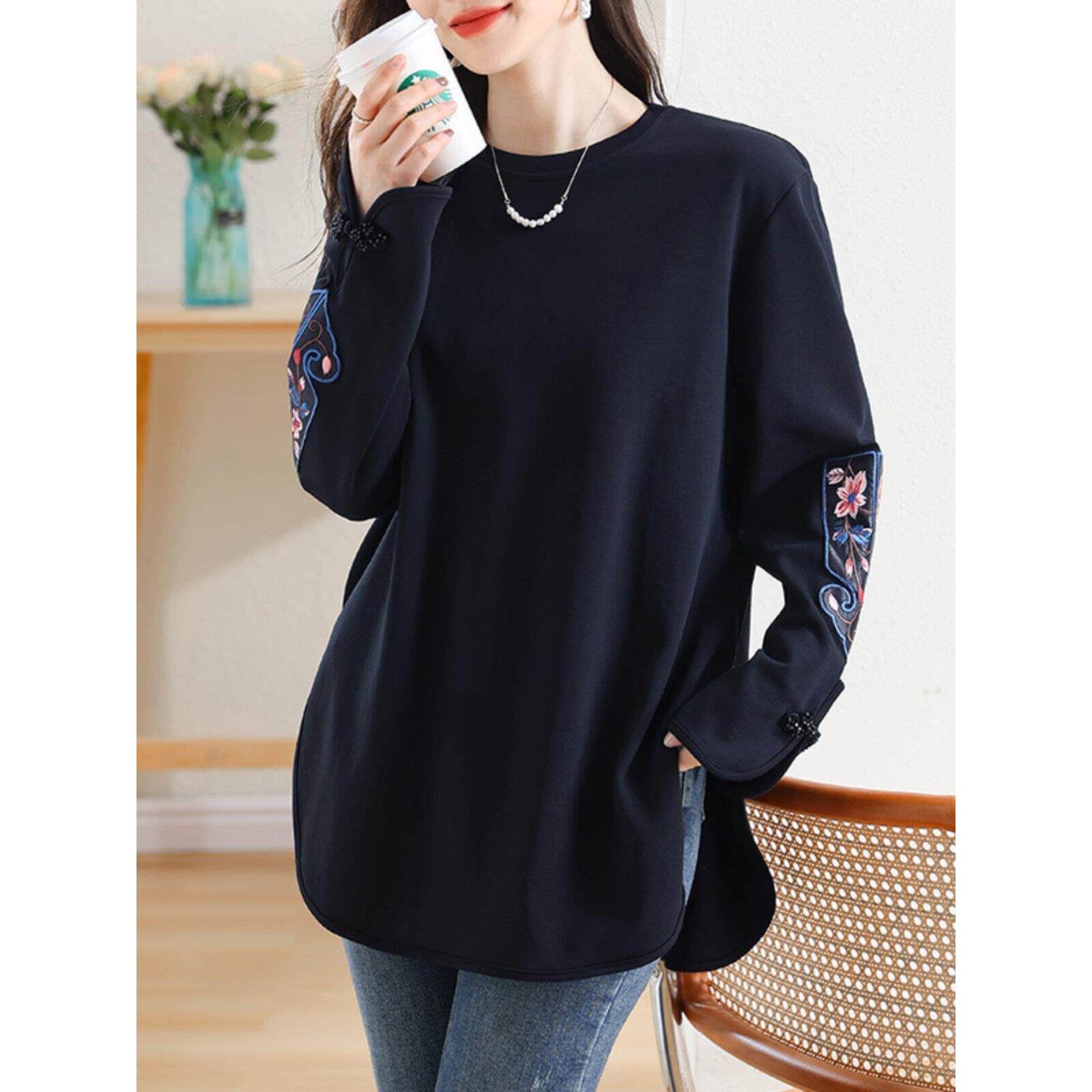 新中式国风刺绣盘扣长袖T恤女秋冬加绒大码宽松中长款遮屁股上衣