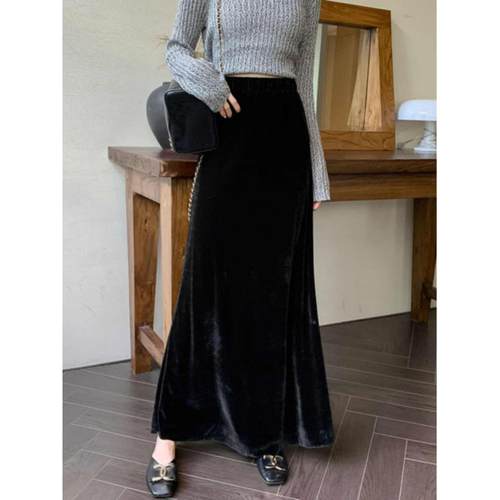 法国ROUJE NAIVE高端包臀半身裙显廋垂感A字半裙黑色金丝绒长裙子