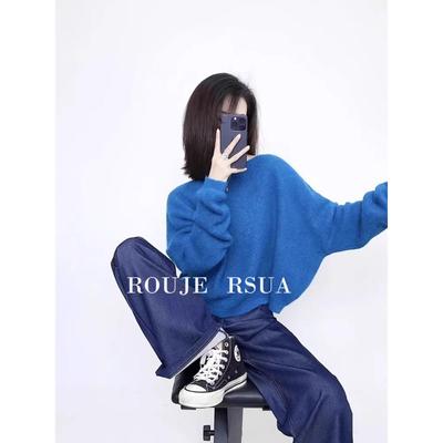 ROUJE RSUA法式新款慵懒软糯上衣设计感蓝色气质圆领针织衫毛衣