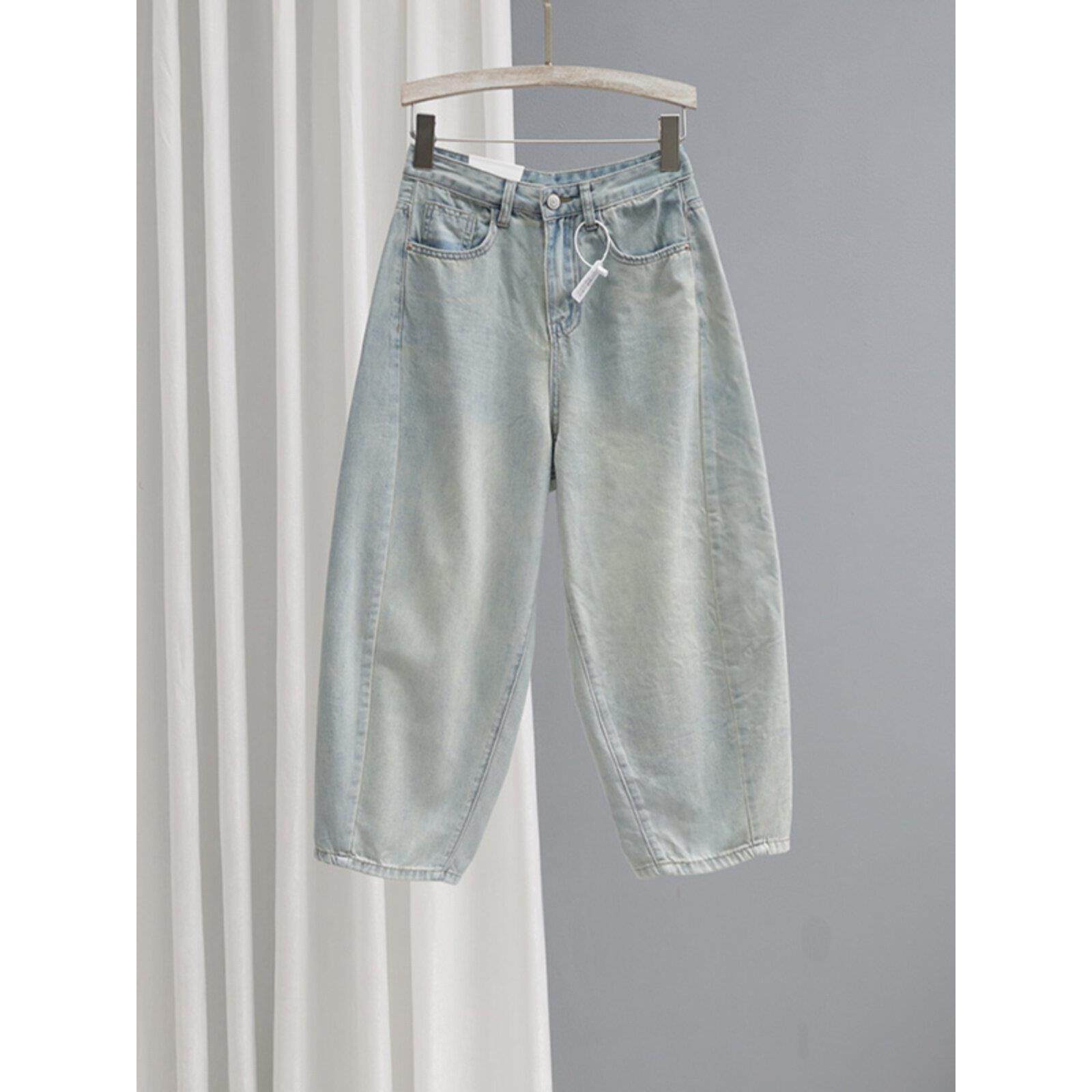 Rouje Tusse夏季女装宽松8分牛仔裤，浅色怀旧老爹裤，修身多功能