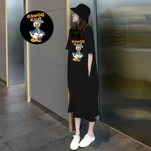 T恤裙ins潮 黑色连衣裙女夏季 2025新款 宽松显瘦中长款 卡通印花短袖