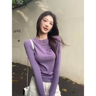 百搭套头内搭打底衫 t恤女士秋季 Dsyle紫色圆领针织长袖 法国Rouje