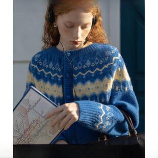 法国Roger Tusse Klein蓝色开司米毛衣外套女性秋冬慵懒风格羊毛