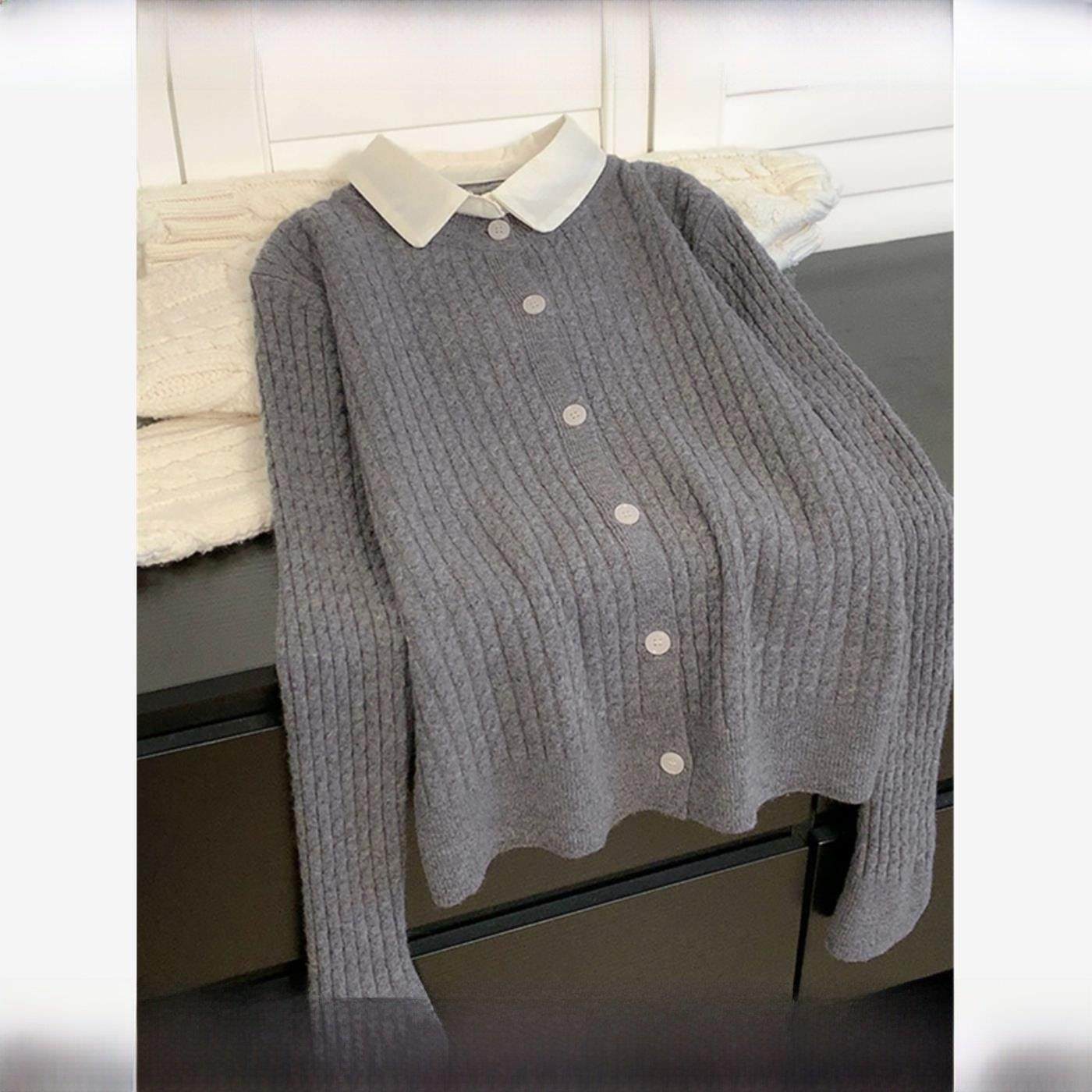 灰色翻领麻花假两件针织开衫女秋冬新款羊毛内搭打底羊绒毛衣外套
