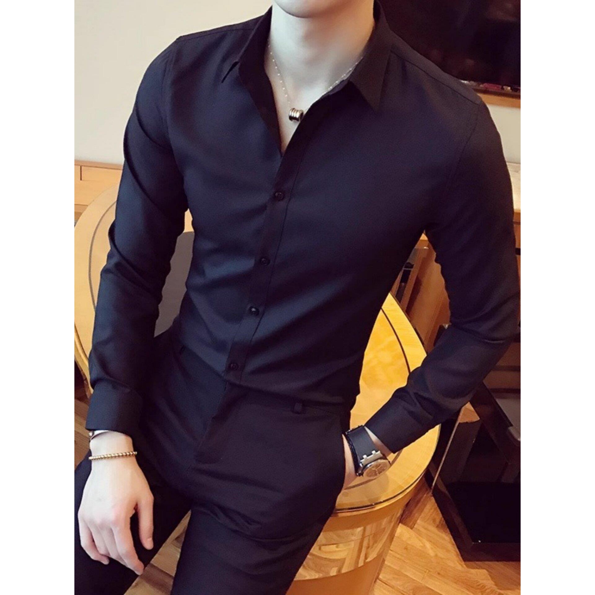 黑色衬衫男士长袖商务正装韩式时尚修身休闲冰丝短袖三分之袖男士