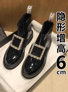 香港2025新款切尔西平底靴莱茵石方扣英伦风格靴子摩托车短靴女子