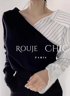 法国Rouje Chic法式设计感小众条纹衬衫拼接V领毛衣露肩针织衫女